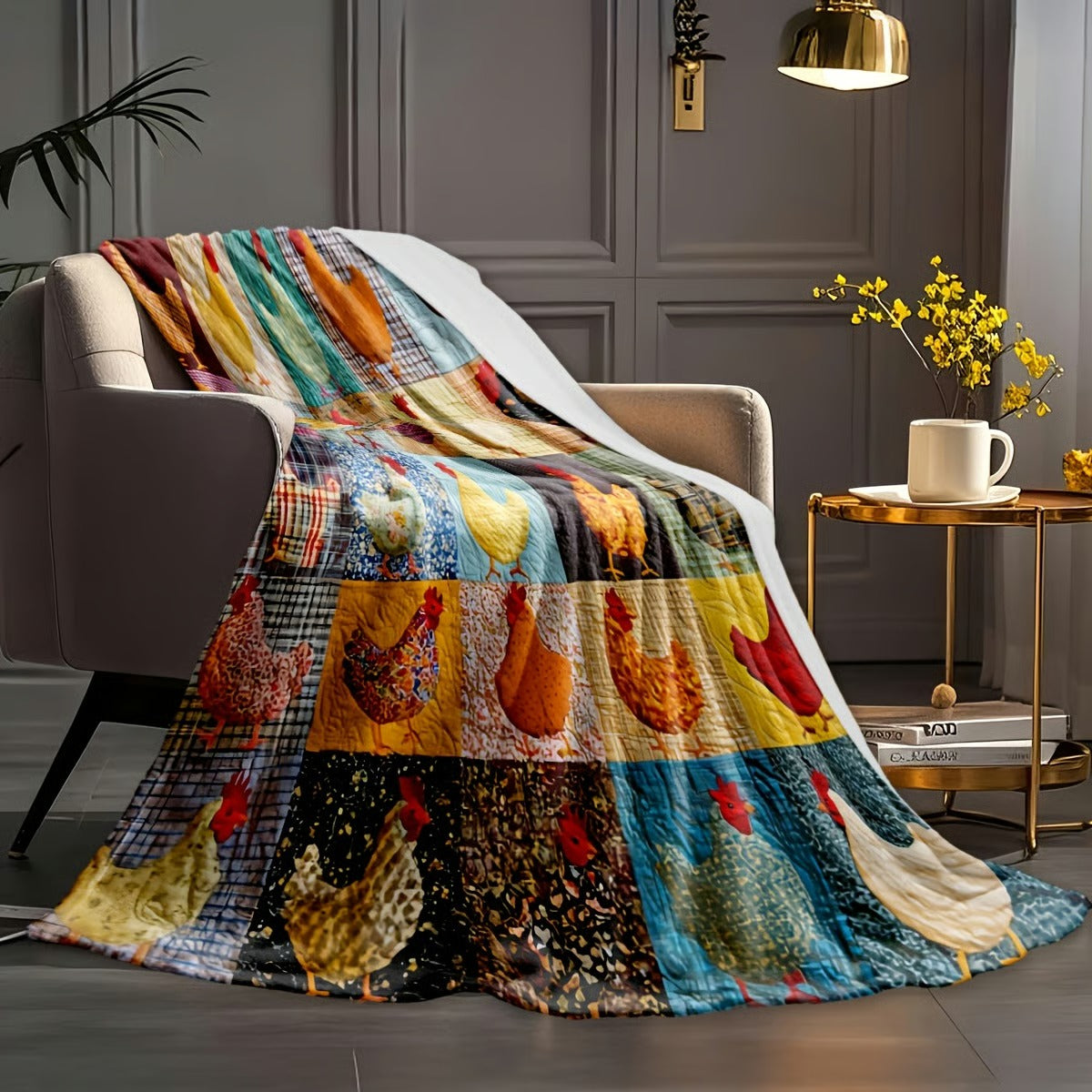 🐓 Cozy Vintage Rooster Plaid Blanket 🧣 Soft, Lightweight & Farmhouse Charm for All Seasons! 🎁Perfect Gift & Everyday Comfort! ✨